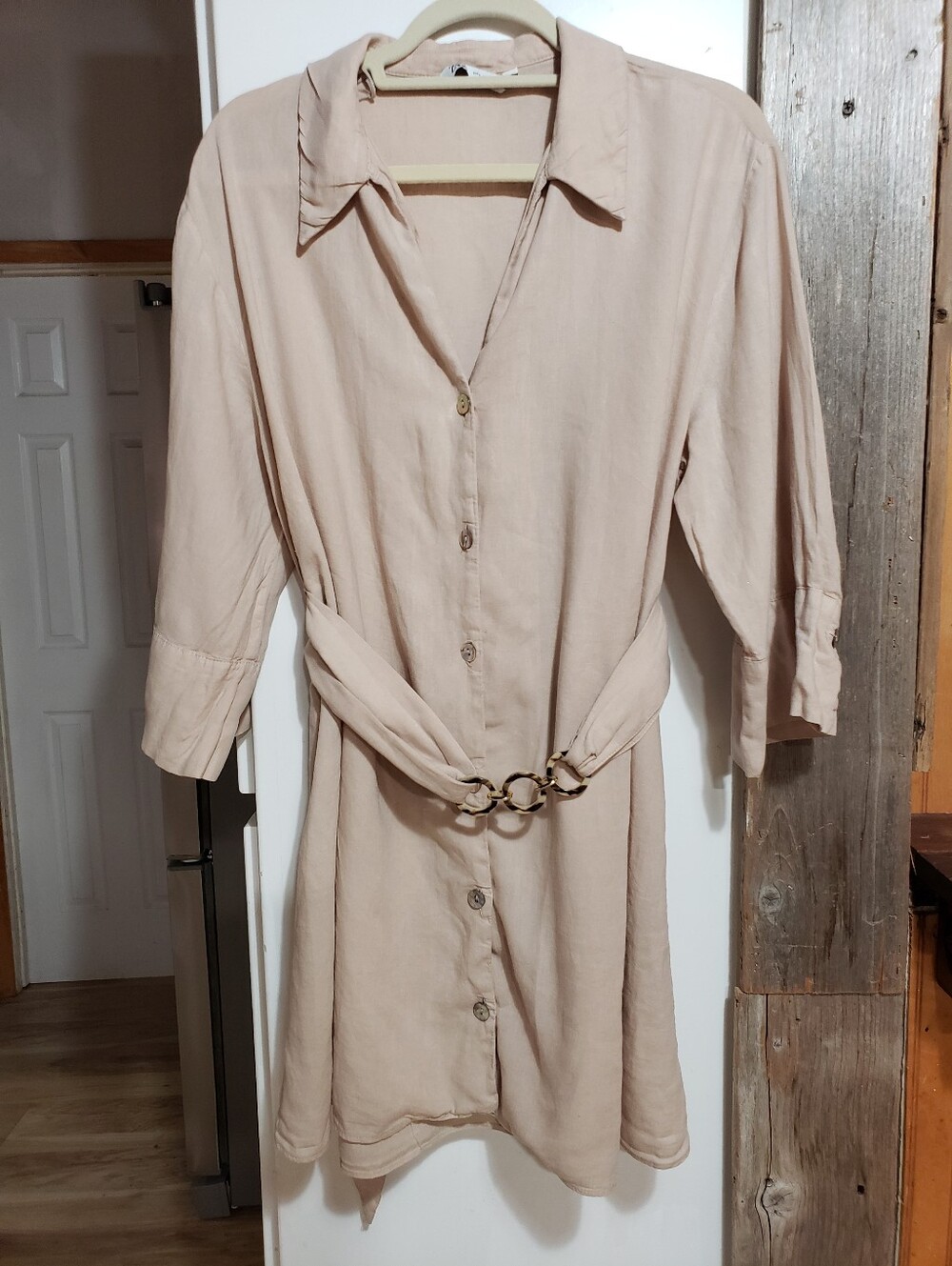 Zara Linen Beige/tan Button Up Front Mini Dress Belt Collar Resortwear Large